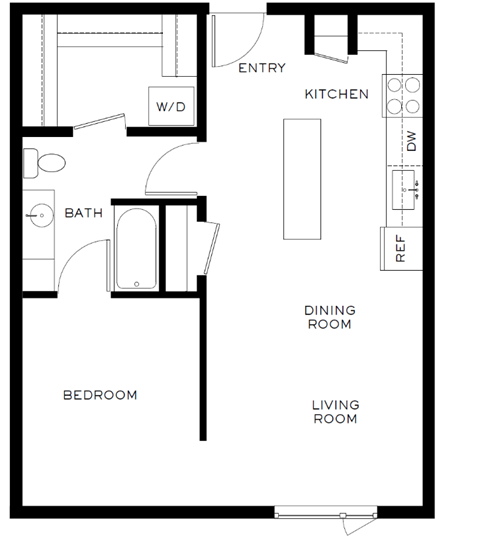A black and white floor plan of a house with a kitchen, living room, dining room, bedroom and bathroom.